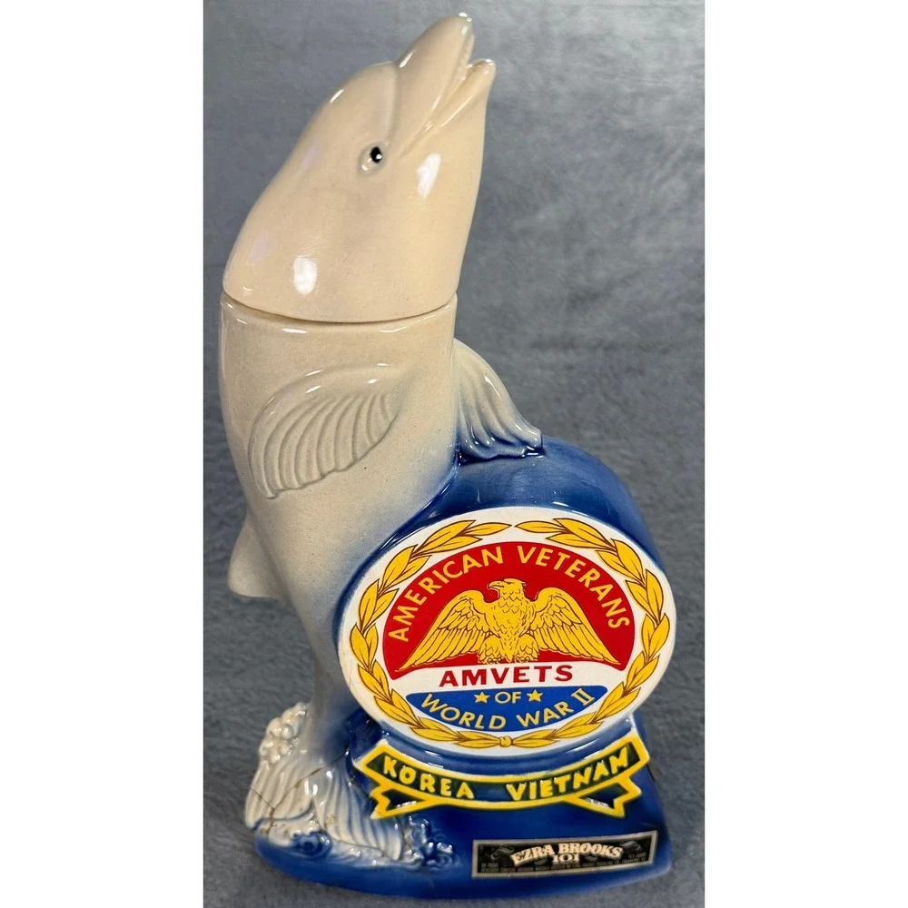 Vintage 1974 Ezra Brooks AMVETS Dolphin Decanter Hollywood Florida 30th National